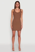 Womens Rib Knit Scoop Neck Tank Mini Dress, Brown, Size L