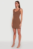 Womens Rib Knit Scoop Neck Tank Mini Dress, Brown, Size L