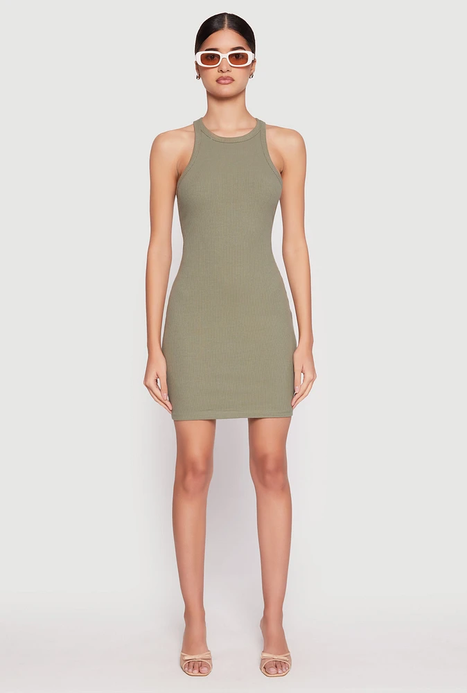 Womens Crew Neck Mini Racerback Tank Dress, Green, Size L