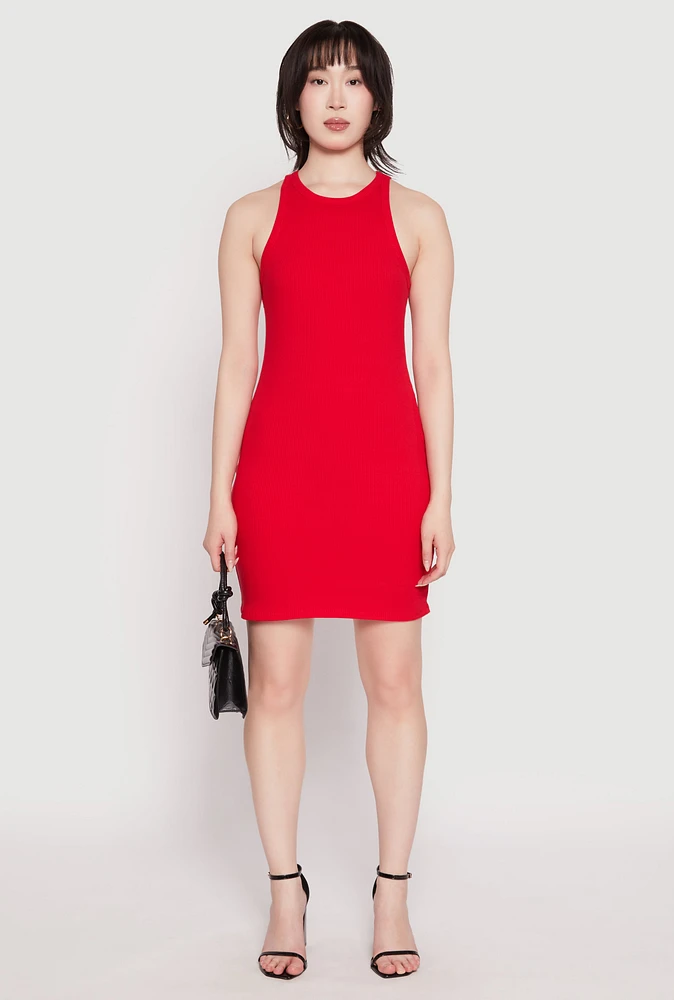 Womens Crew Neck Mini Racerback Tank Dress, Red,
