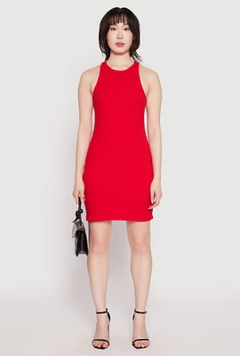 Womens Crew Neck Mini Racerback Tank Dress, Red,