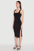 Womens Square Neck Side Slit Midi Dress,