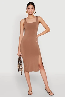 Womens Square Neck Side Slit Midi Dress, Brown, Size S