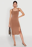 Womens Square Neck Side Slit Midi Dress, Brown, Size S