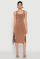 Womens Square Neck Side Slit Midi Dress, Brown, Size S