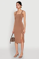 Womens Square Neck Side Slit Midi Dress, Brown, Size S