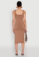 Womens Square Neck Side Slit Midi Dress, Brown, Size S
