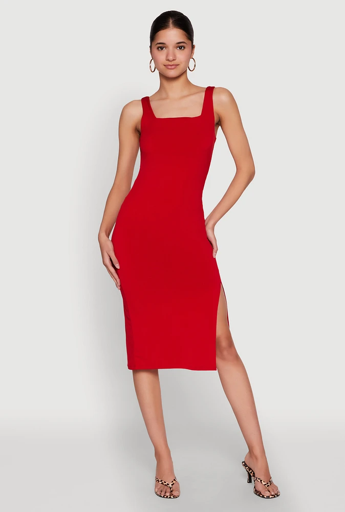 Womens Square Neck Side Slit Midi Dress, Red, Size M