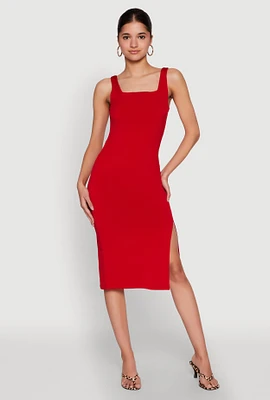 Womens Square Neck Side Slit Midi Dress, Red, Size M