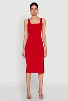Womens Square Neck Side Slit Midi Dress, Red, Size M