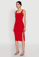 Womens Square Neck Side Slit Midi Dress, Red, Size M