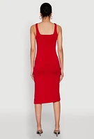 Womens Square Neck Side Slit Midi Dress, Red, Size M