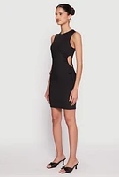 Womens Ribbed Knit Drawstring Side Cut Out Dress, Black, Size S