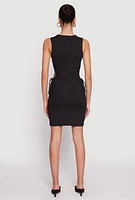 Womens Ribbed Knit Drawstring Side Cut Out Dress, Black, Size S