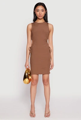 Womens Ribbed Knit Drawstring Side Cut Out Dress, Brown, Size S