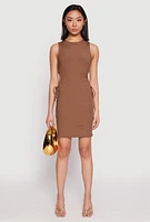 Womens Ribbed Knit Drawstring Side Cut Out Dress, Brown, Size S