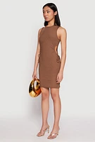 Womens Ribbed Knit Drawstring Side Cut Out Dress, Brown, Size S