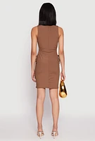 Womens Ribbed Knit Drawstring Side Cut Out Dress, Brown, Size S