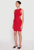 Womens Ribbed Knit Drawstring Side Cut Out Dress, Red, Size S