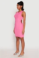 Womens Ribbed Knit Drawstring Side Cut Out Dress, Pink, Size M