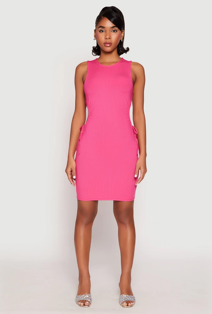 Womens Ribbed Knit Drawstring Side Cut Out Dress, Pink, Size M