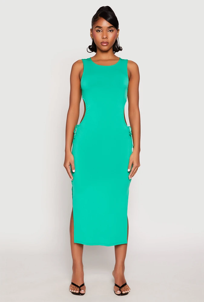 Womens Drawstring Side Cut Out Midi Dress, Green, Size M