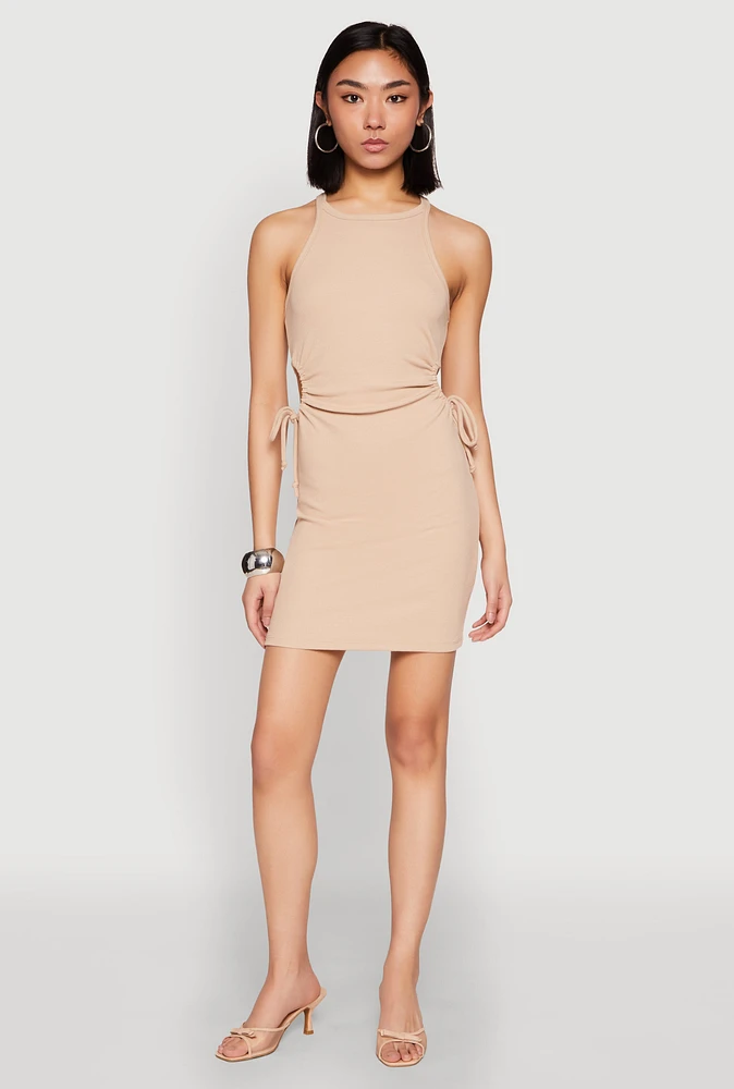 Womens Drawstring Side Cut Out Mini Dress,