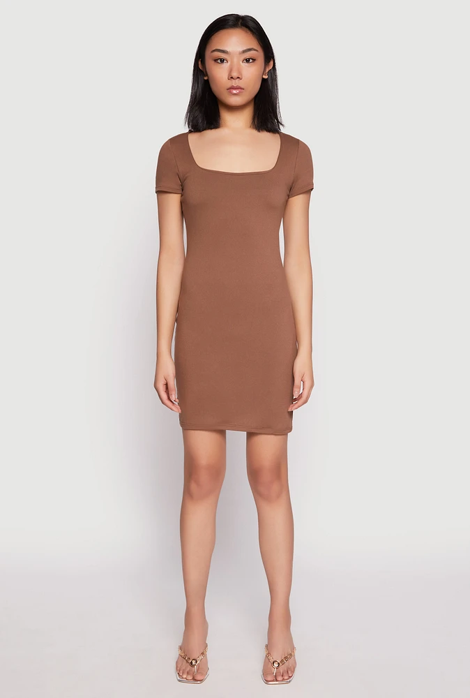 Womens Square Neck Mini T Shirt Dress, Brown,