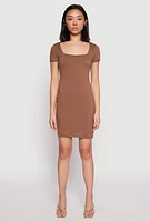 Womens Square Neck Mini T Shirt Dress, Brown, Size L