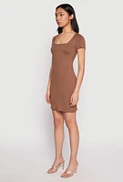 Womens Square Neck Mini T Shirt Dress, Brown, Size L