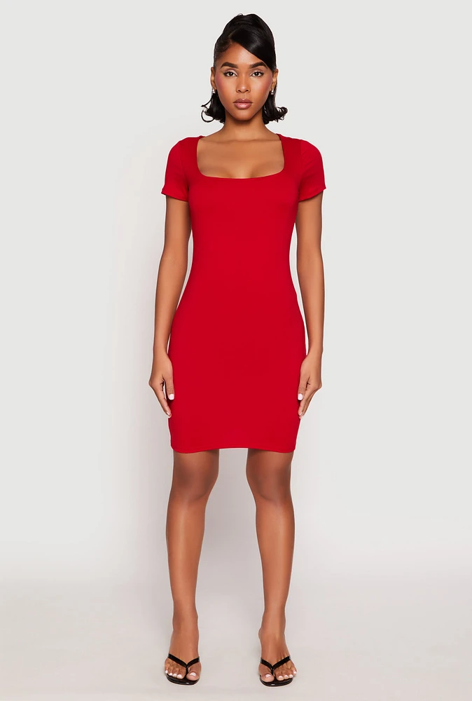 Womens Square Neck Mini T Shirt Dress, Red, Size L