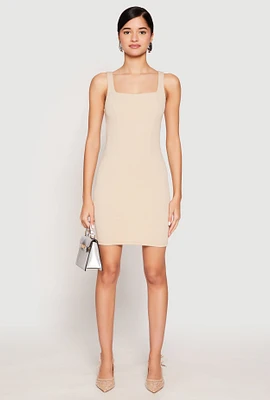 Womens Square Neck Mini Tank Dress, Beige, Size M