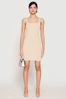 Womens Square Neck Mini Tank Dress, Beige, Size M