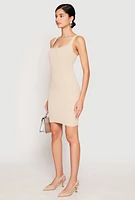 Womens Square Neck Mini Tank Dress, Beige, Size M