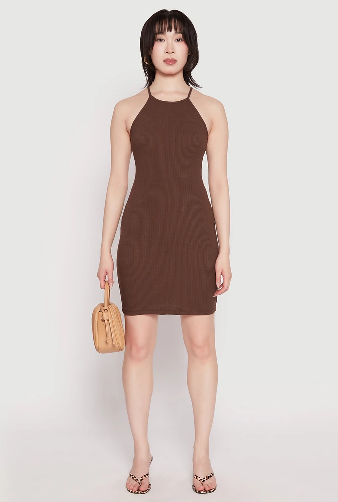 Womens High Neck Cami Mini Dress, Brown,