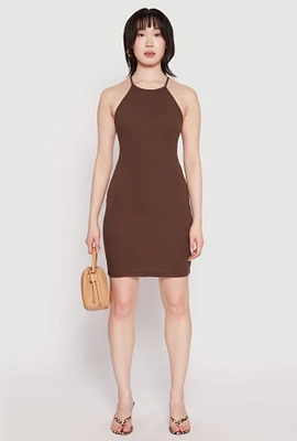 Womens High Neck Cami Mini Dress, Brown, Size M