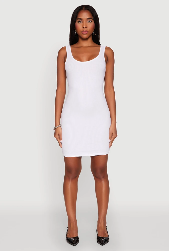 Womens Ribbed Knit Scoop Neck Tank Dress, White, Size S