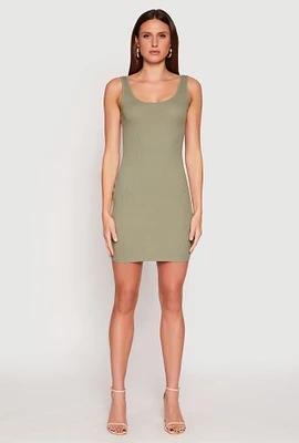 Womens Ribbed Knit Scoop Neck Tank Dress, Green,