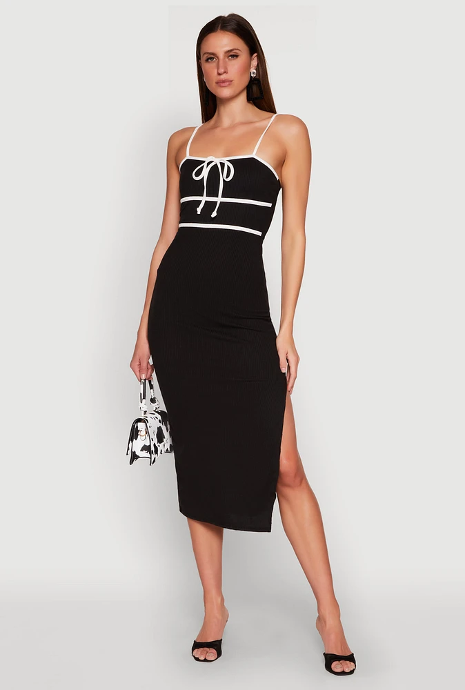Womens Contrast Trim Tie Front Side Slit Dress, Black,