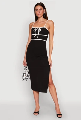 Womens Contrast Trim Tie Front Side Slit Dress, Black,