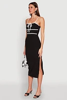 Womens Contrast Trim Tie Front Side Slit Dress, Black,