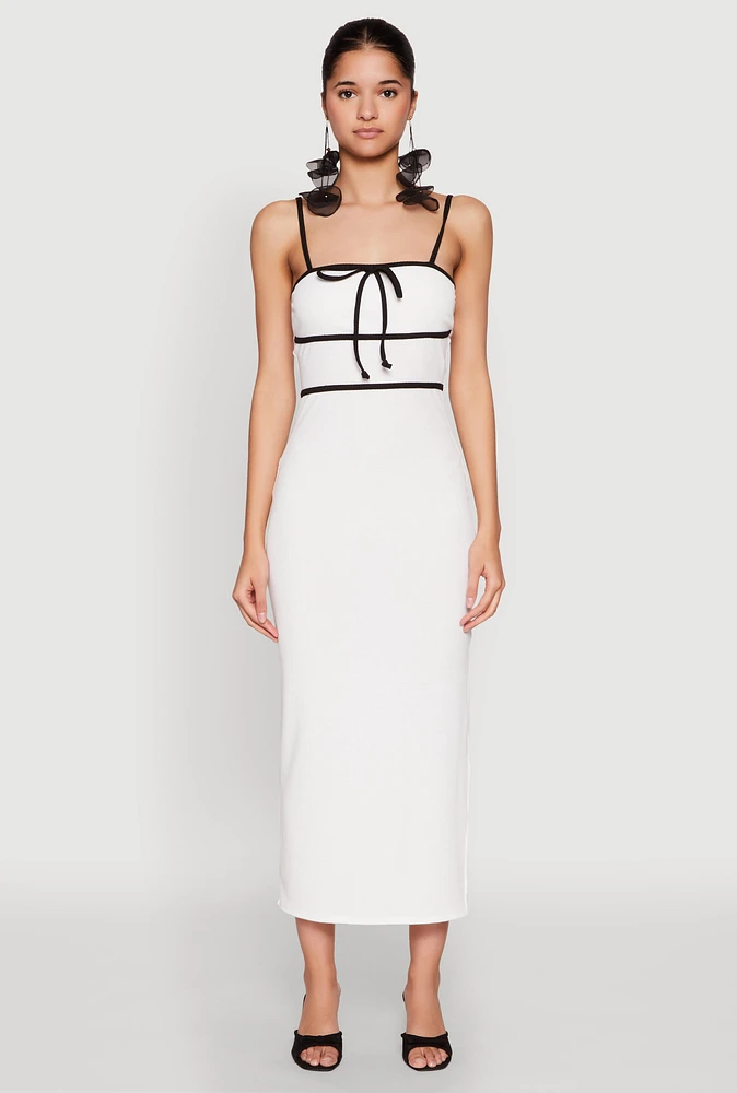 Womens Contrast Trim Tie Front Side Slit Dress, White,
