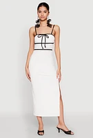 Womens Contrast Trim Tie Front Side Slit Dress, White,