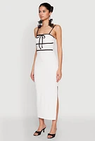 Womens Contrast Trim Tie Front Side Slit Dress, White,