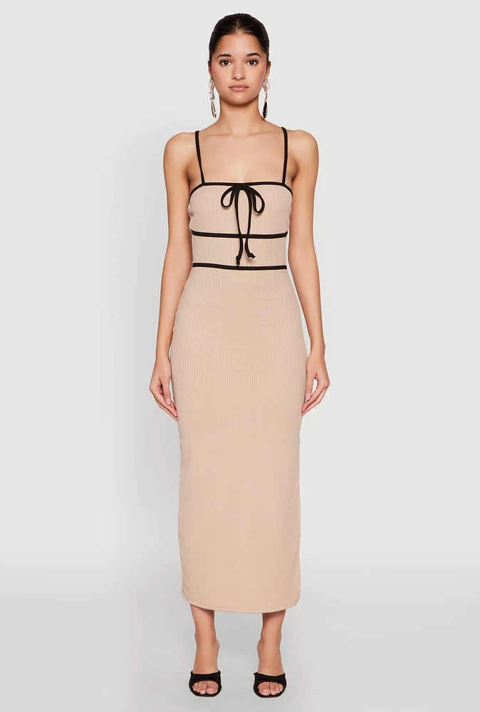 Womens Contrast Trim Tie Front Side Slit Dress,