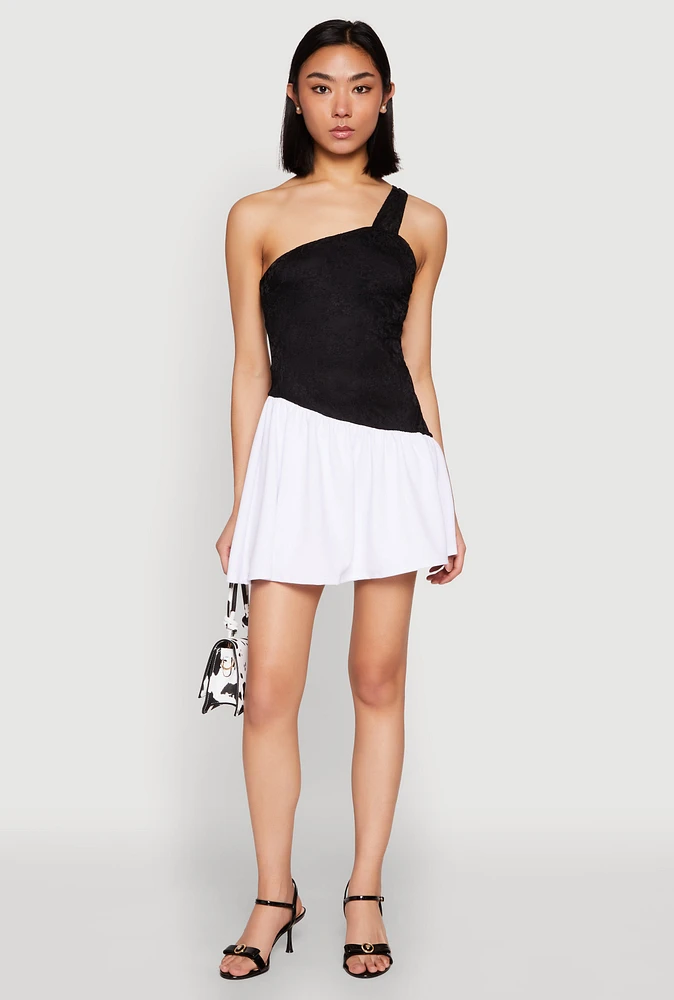 Womens One Shoulder Asymmetrical Color Block Mini Dress, Multi,