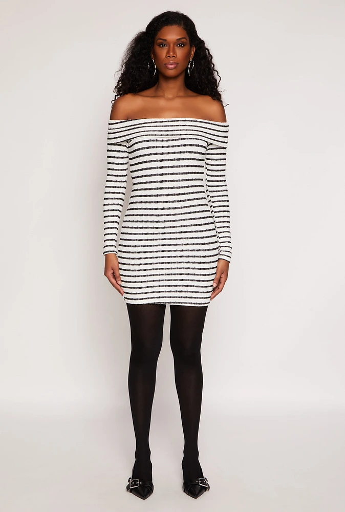 Womens Textured Knit Striped Off The Shoulder Dress, Multi, Size M