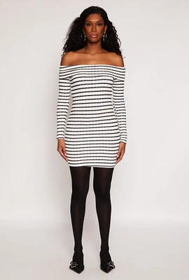 Womens Textured Knit Striped Off The Shoulder Dress, Multi, Size M