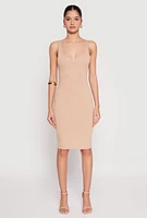 Womens Ribbed Knit Notch Neck Dress, Beige, Size XL