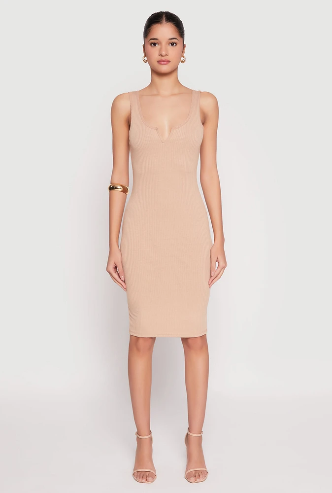 Womens Ribbed Knit Notch Neck Dress,